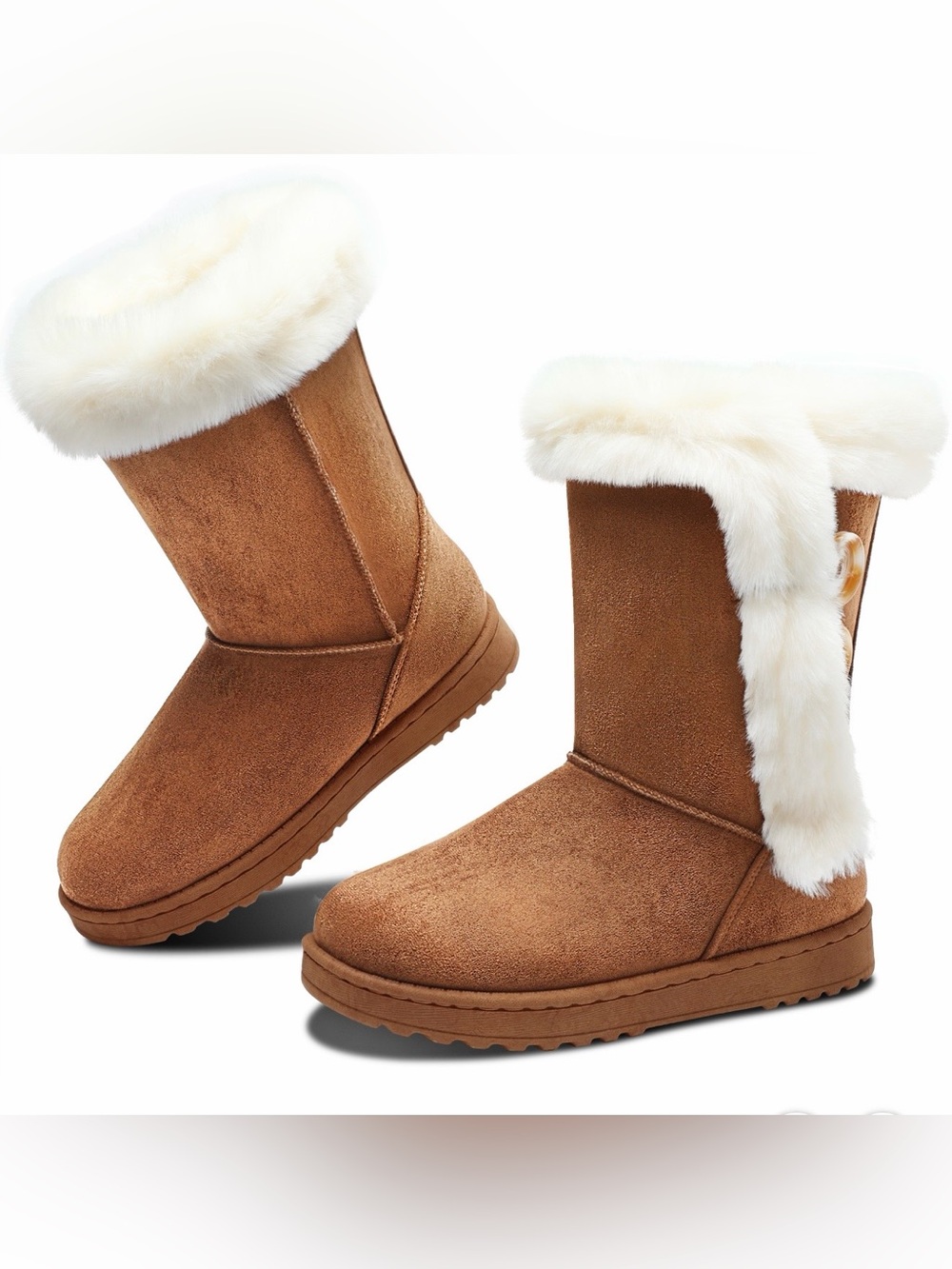 SO Tan Faux-Suede Winter Boots with Cream Faux-Fur Trim Size 11